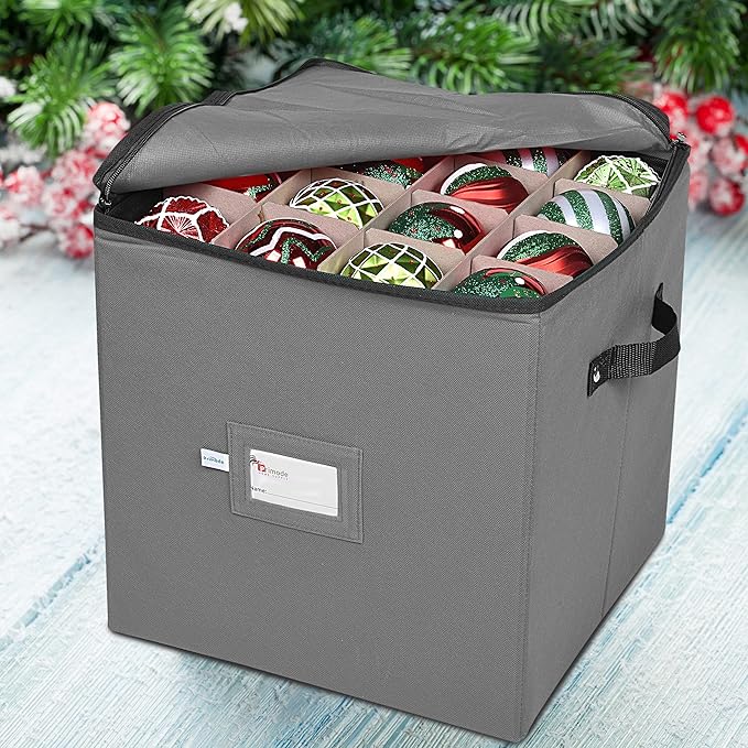 Primode Christmas Ornament Storage Box, 4 Individual Trays Xmas Storage Container, Fits 64 Ornaments Decoration Balls, Constructed of Durable 600D Oxford Material (Gray)