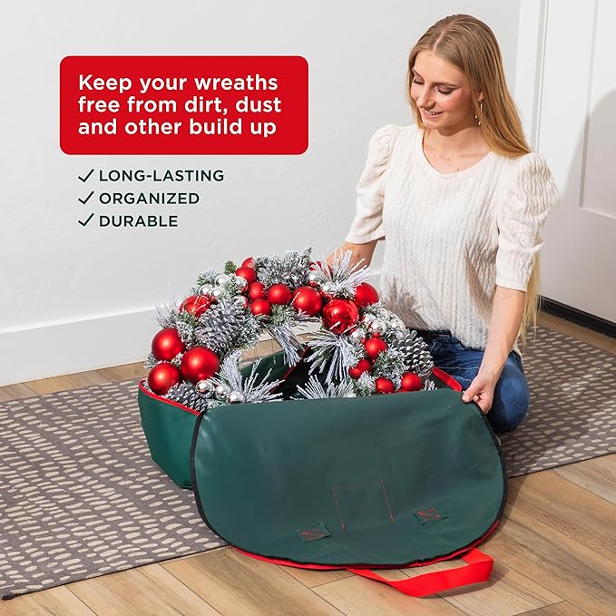 HOLDN’ STORAGE Premium Wreath Storage Bag - Durable Material - Waterproof - Heavy-duty Christmas Storage Container for Xmas Wreath with Dual Zipper Closure, Tear-proof, 24"W x 7"D - Green