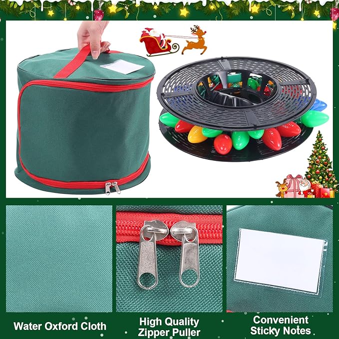 Christmas Light Storage Bag - Tear Proof 600D Oxford Fabric/Internal PVC Material with Reinforced Handles - With 4 Reels Stores up to 500 Ft Holiday Mini Christmas Tree Lights & Extension Cords,Green