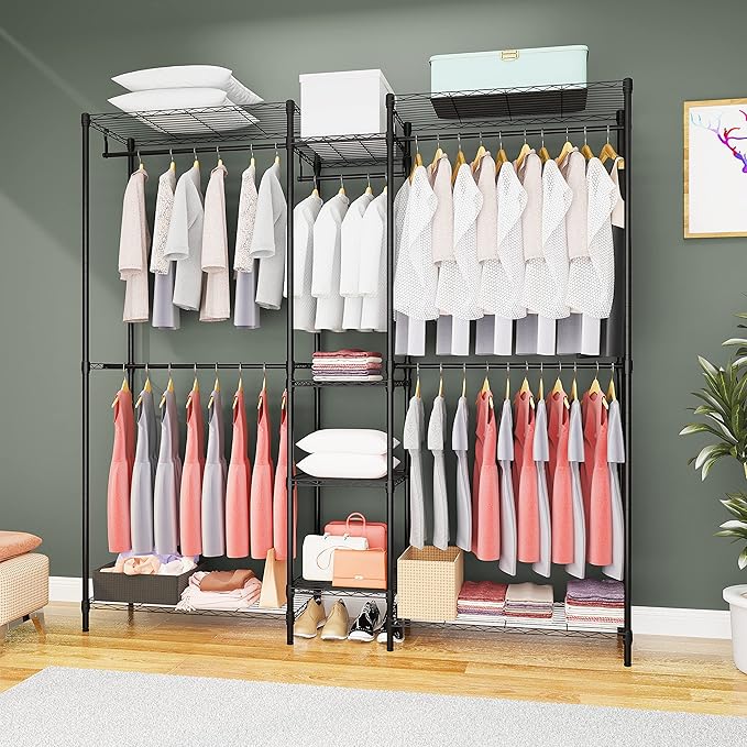 Heavy Duty Clothes Rack for Hanging Clothes, Metal Garment Rack，Large Capacity Portable Clothing Rack，Freestanding Open Wardrobe Organizer Rack, 67.0"L x 13.8"W x 75.6"H Max Load 720LBS, Black