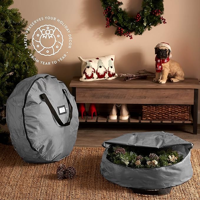 ZOBER 2 Pack Oxford Christmas Wreath Storage Container 48 Inch - Wreath Bag for Artificial Wreaths Box - Waterproof Fabric, Dual Zippered Wreaths Storage Bag With Strong Durable Handles - Gray