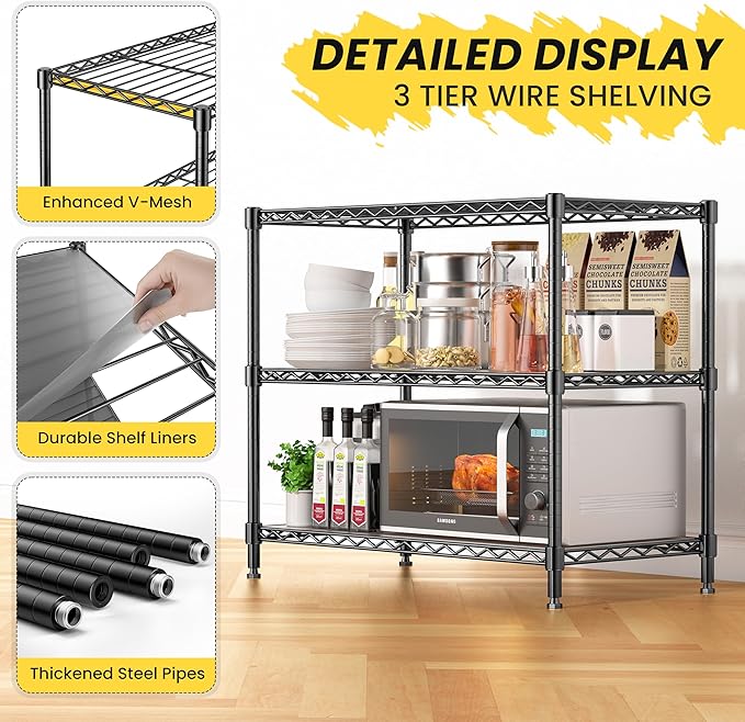RackBro 3-Tier Storage Shelves 795LBS Metal Shelving Unit, Adjustable Wire Rack Small Shelf Organizer with 3 Shelf Liners for Kitchen Pantry Office Bedroom Closet Garage 24" W x 14" D x 30" H Black