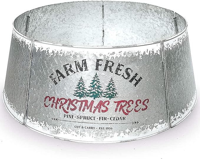 Hallops Galvanized Christmas Tree Collar - Adjustable Metal Christmas Tree Skirt - Standard Size, 28 Inch Base - Durable Christmas Decor for Large and Small Trees - Distressed White Farmhouse Design