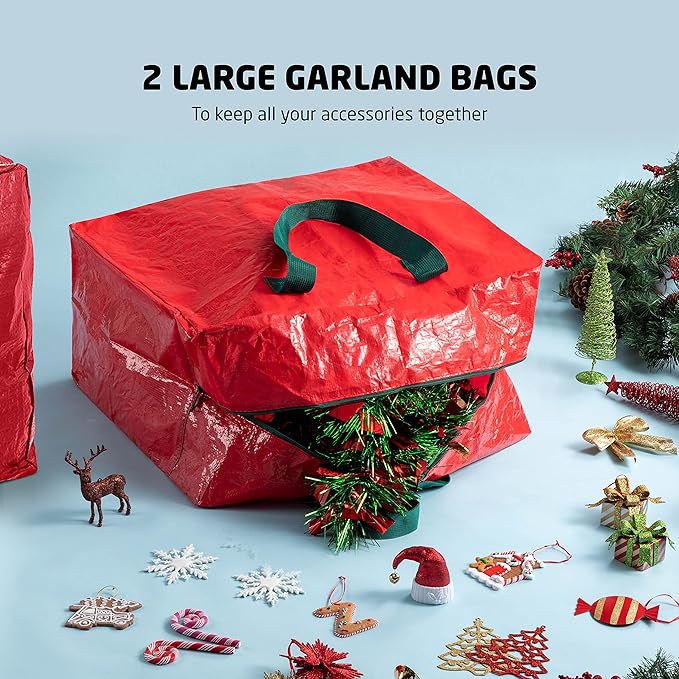 ZOBER Christmas Tree Storage Bag - With 2 Ornaments Accessories/Garland Bags - Fits 9 Ft Trees - Plastic, Waterproof Christmas Tree Bag For Storage Box For Xmas - Strong, Durable Handles - Red