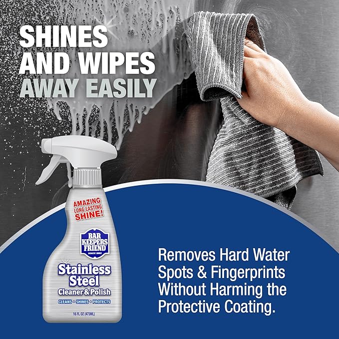 Bar Keepers Friend Stainless Steel Cleaner and Polish Spray (2 x 16 oz) Removes Oily Fingerprints, Hard Water Stains, Grime & Food Debris without Scratching or Dulling Appliances & Surfaces