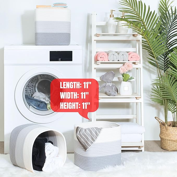MINTWOOD Design 3-Pack 11x11 Inch Cube Storage Bin, Woven Organizer, Closet Cute Square Bins, Decorative Classroom Bathroom Pantry and Shelf Baskets, 3-Tone Grey (MD-203)