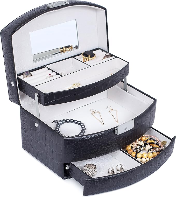 Internet's Best Faux Leather 3-Tier Jewelry Case | Slide Open Jewelry Box | Multi Compartment for Rings, Earings, Necklaces & Bracelets | Interior Mirror | Black