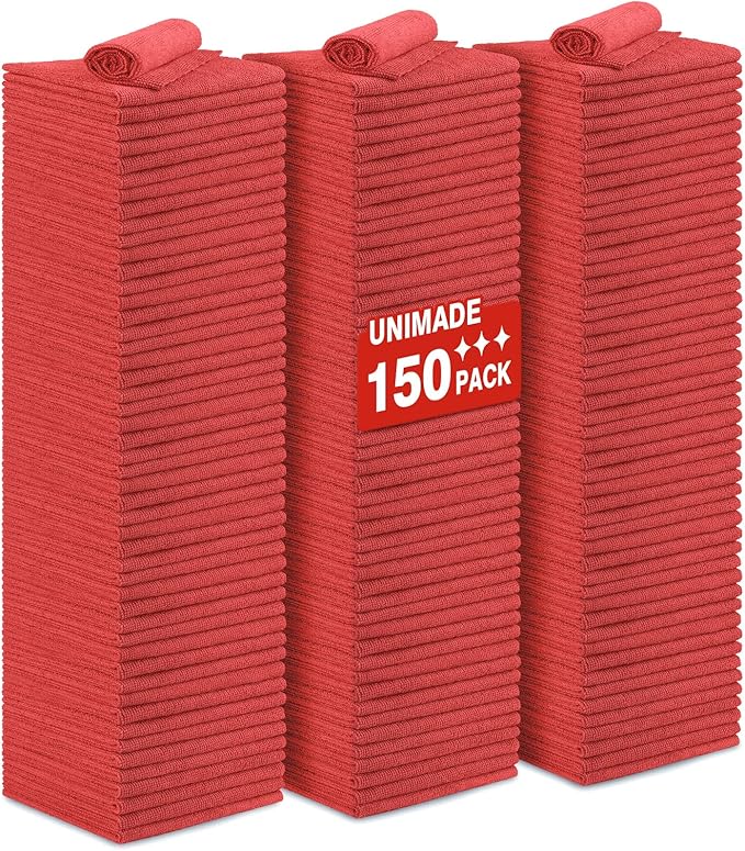 UNIMADE Shop Towels Rags, 150 Pack Reusable Shop Rags Bulk Microfiber Cleaning Cloth Lint Free Cleaning Towels for Car Kitchen Automotive Bar Mechanic Restaurant Garage, 11.5"x 11.5", Red