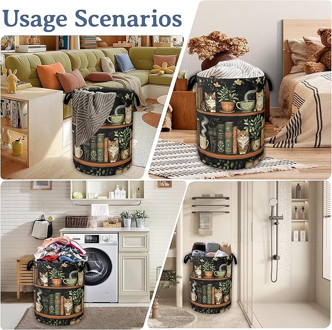 Cute Cat Laundry Basket,Foldable Oxford Cloth Bookshelf Laundry Hamper With Handle, 20.8"x16" Portable Clothes Storage Basket Bag for Laundry Room/Bathroom/Bedroom/Dormitories