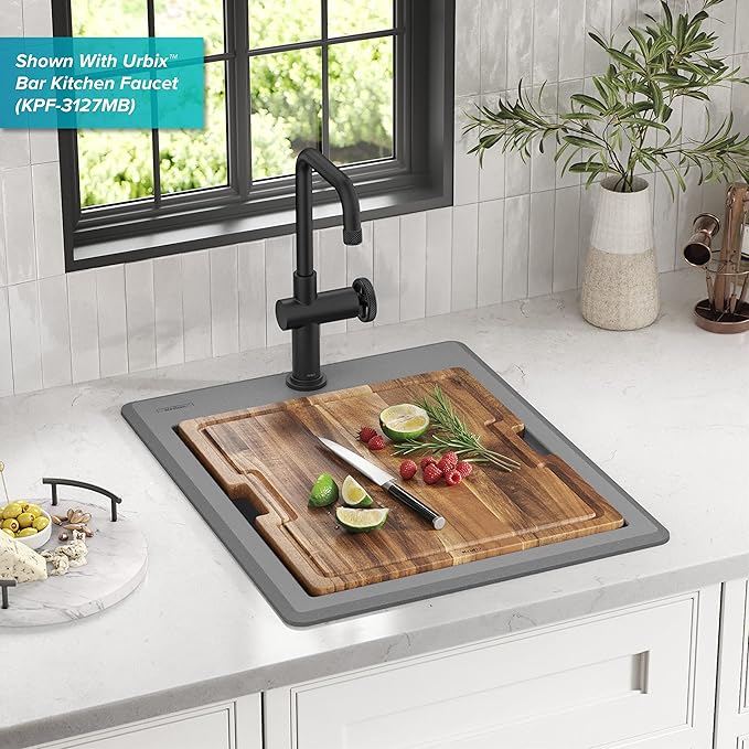 KRAUS Bellucci 18-inch Granite Workstation Drop In Top Mount Single Bowl Kitchen Sink in Metallic Grey with Accessories, KGTW12-18MGR