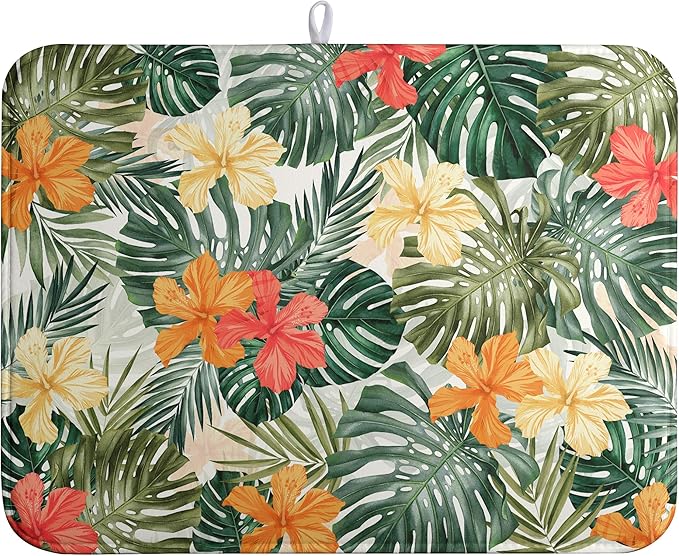 Wnoesat Tropical Palm Leaves Dish Drying Mat for Kitchen Counter Watercolor Flowers Leaf Drying Mat Dish Pads Reversible Absorbent Microfiber Dish Drainer Rack Mat for Countertop 18x24 Inch