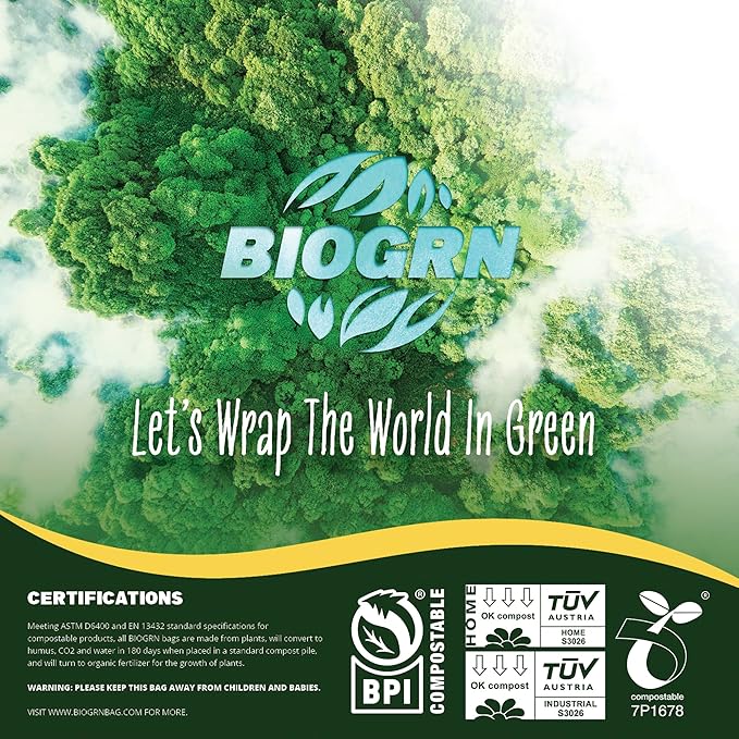 BIOGRN 50-55 Gallon Compostable Trash Bags Flat-Top 12 Bags Heavy Duty 1.57 Mil 208.2 Liter Large Lawn and Yard Waste Bag Compost for Outdoor Garden ASTM D6400, US BPI and OK Compost Home Certified