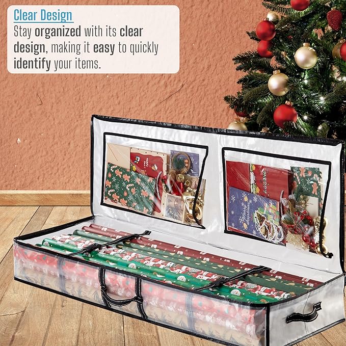 VENO 2 Pack Clear Wrapping Paper Organizer Storage Box for Christmas Gift Bags and Holiday Accessories, Underbed Storage Container with Interior Pockets, 40 Inches Long Fits 24 Rolls (2 Pack)