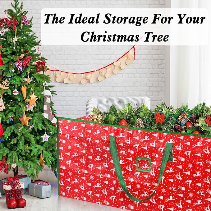 Christmas Tree Storage Bag,Plastic Waterproof Elk Christmas Tree Bag Large Storage Box Decoration Container Reinforced Handles Dual Zippers for 9ft Artificial Holiday Xmas Disassembled Trees