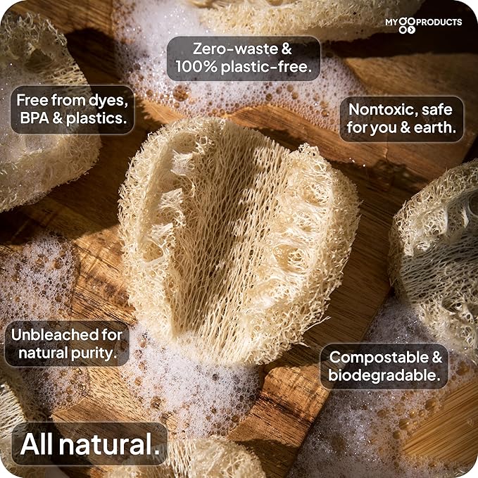 LoofaGO (10-Pack) Natural Loofah Sponges - 100% Biodegradable, Compostable & Plastic-Free, Non-Scratch Scrubbers for Kitchen, Dishes & Bath (Zero-Waste)