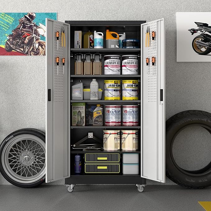 Garage Storage Cabinet with Wheels & Pegboard, Lockable Metal Storage Cabinet with Doors and 5 Adjustable Shelves for Garage, Home, Storage, Assembly Required, Black and Silvery, 71" H×34" W×18" D