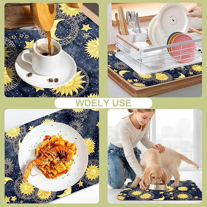 Dish Drying Mat Colorful Textile Sun Moon Stars Kitchen Mat 12"x19" Bsorbent Coffee Maker Mat for Dishes Utensils Coffee Maker Pots and Pans Easy Clean Dish Slip Resistant Pad