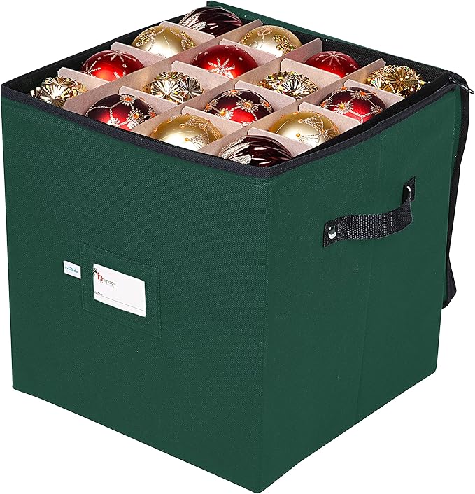 Primode Christmas Ornament Storage Box, 4 Individual Trays Xmas Storage Container, Fits 64 Ornaments Decoration Balls, Constructed of Durable 600D Oxford Material (Green)