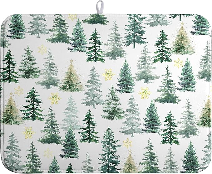 Christmas Trees Dish Drying Mat 18x24 Inch Large Size Winter Dish Dry Mats Microfiber Snowflake Absorbent Drying Pad for Kitchen Counter Forest Kitchen Decor Coffee Bar
