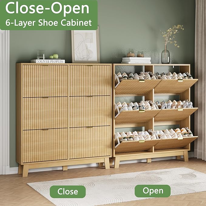 Shoe Cabinet with 6 Flip Drawers, 54" Tall Narrow Fluted Shoe Storage Organizer for Entryway, Hidden Slim Wooden Shoe Rack Cabinet for Front Door Entrance, Hallway, Living Room, Natural Oak