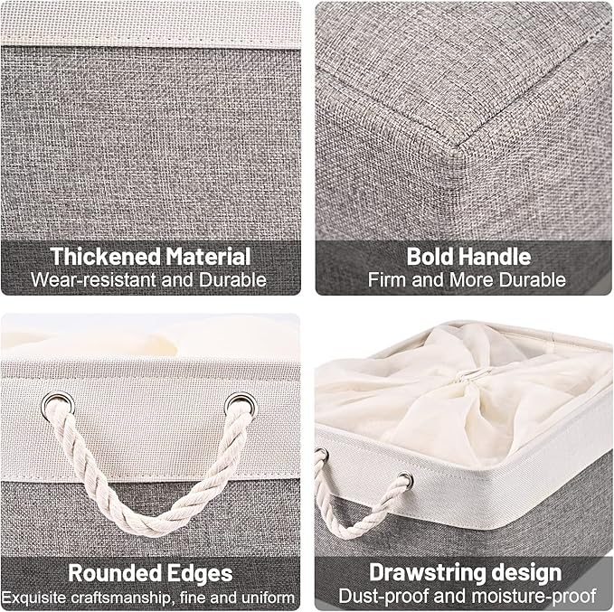 HOdo Home Fabric Storage Bin with Drawstring Closure and 2 Bold Handles, Collapsible Large Canvas Storage Baskets for Organizing Shelf Nursery Home Closet (White&Grey, 15.8L×11.8W×9.5H - 4Pack)