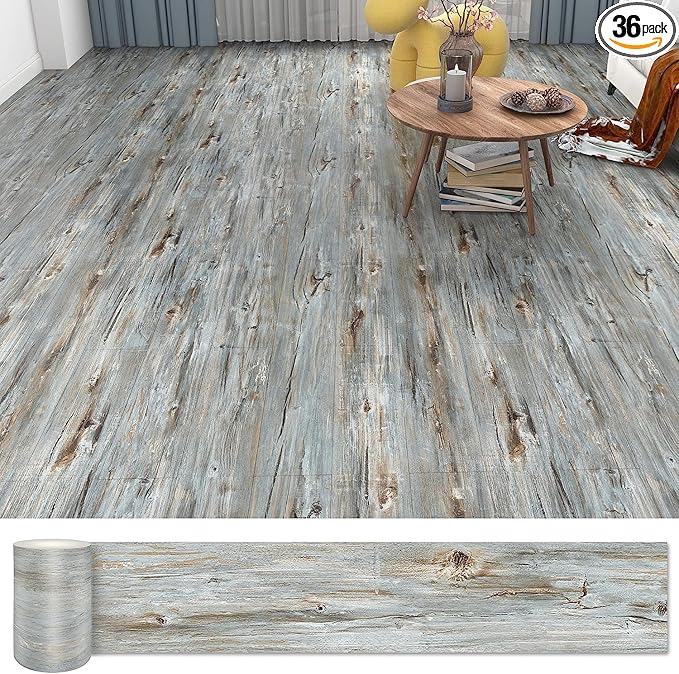Lareko 54 Sq.Ft,Wood Peel and Stick Floor Tiles,36 Pack Grey Vinyl Flooring (No Adhesive Residue) 36"×6" Waterproof and Non-Slip Laminate Flooring for Renters Bathroom, Living Room (Dustgrey）