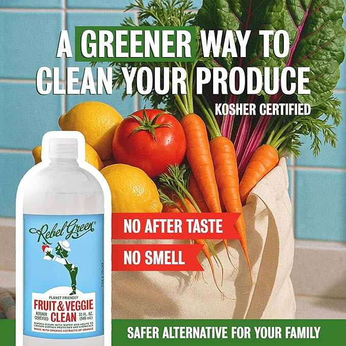 Rebel Green Fruit & Veggie Clean - Plant-Based Produce Cleaner - Natural Fruit & Vegetable Wash with No Aftertaste - Dirt & Wax Removal - 16 Fluid Ounces Bottle & 64 Fluid Ounces Bottle
