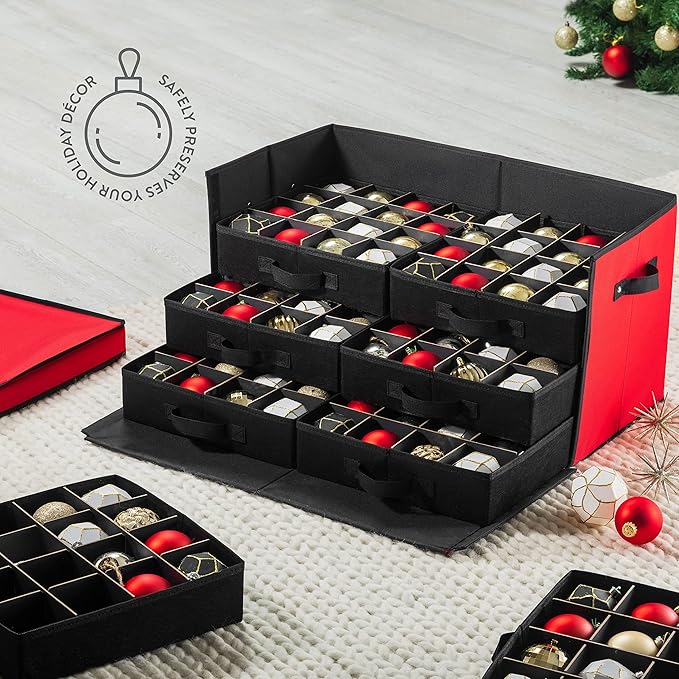 ZOBER Christmas Ornament Storage Box - Stores 128 3" Ornaments with Drawer Style Trays - Tear Proof 600D Oxford Fabric - Ornament Organizer Storage Box, Durable Christmas Containers Holder - Red