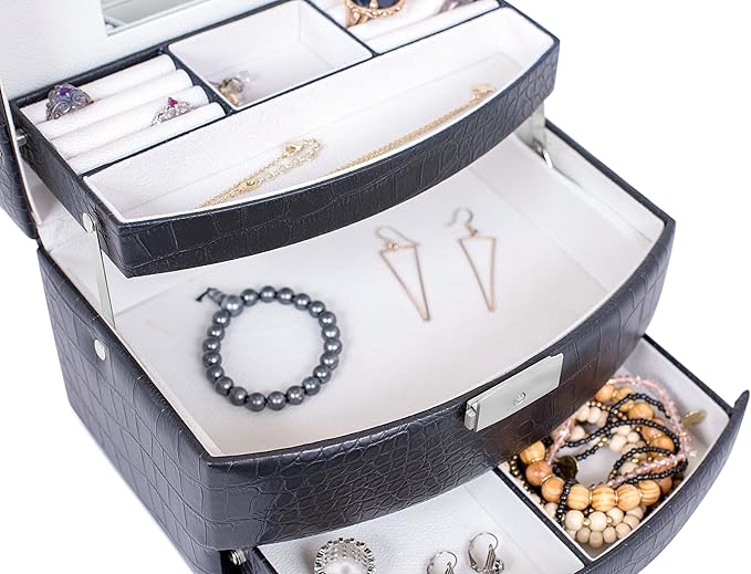Internet's Best Faux Leather 3-Tier Jewelry Case | Slide Open Jewelry Box | Multi Compartment for Rings, Earings, Necklaces & Bracelets | Interior Mirror | Black