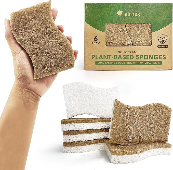AIRNEX Biodegradable Natural Kitchen Sponge - Compostable Cellulose and Coconut Walnut Scrubber Sponge (6 Pack)
