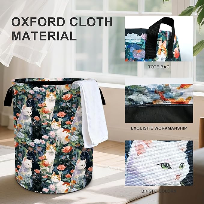 Cat Flowers Laundry Basket Storage Bin Foldable Laundry Hamper Clothes Storage Bucket Organizer 19.6x15.7 Inch For Laundry Room/Bedroom/Bathroom