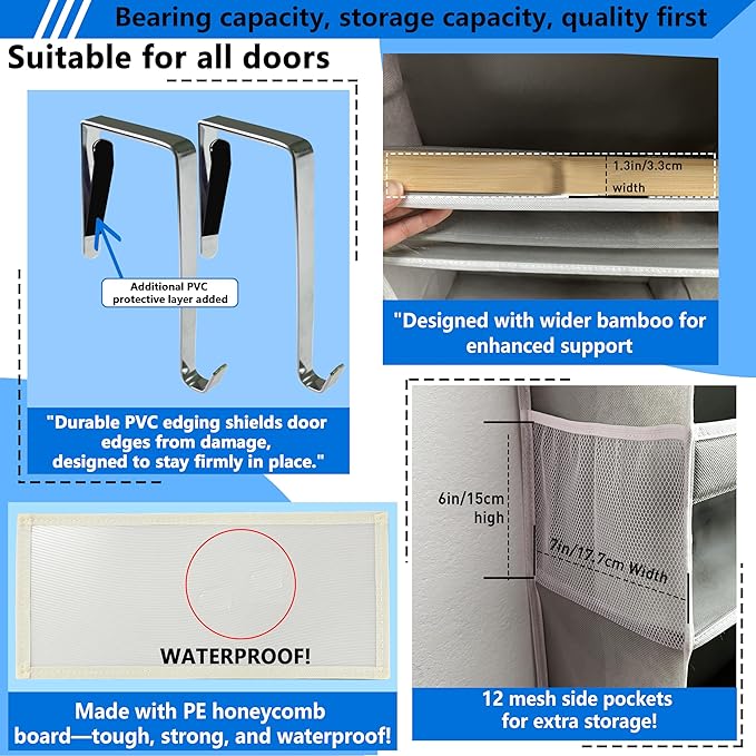 over the door organizer, Solid Bamboo Board (Not Plastic!) 6-Tier Heavy Duty 75LB, 12 Side Pockets, 3 Reinforced Hooks & Anti-Slip Pads, Waterproof & Washable, No Sagging, No Door Damage,Grey