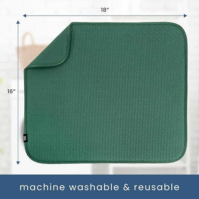 S&T INC. Dish Drying Mat, 16” x 18”, Absorbent Microfiber Kitchen Counter Mat, Drying Pad for Dishes, Utensils, Pots and Pans, Large, Diamond Texture, Emerald Green