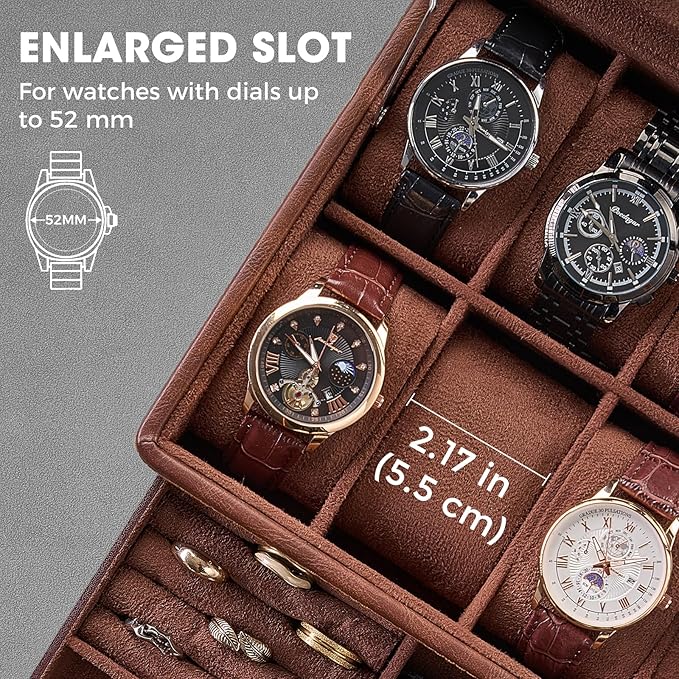 ProCase Watch Box for Men, Jewelry Organizer Box with Drawer, Display Storage Case with Glass Lid -Brown, 8 Slot