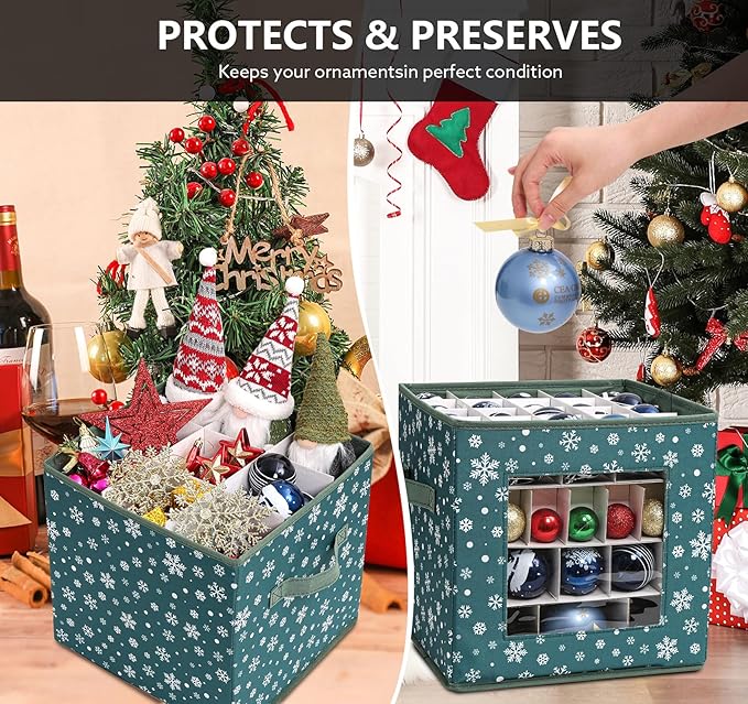 Christmas Ornament Storage Box, Green Snowflakes Christmas Ornament Boxes Storage, Fits 83 Christmas baubles 3cm-8cm, suitable for Holiday Ornaments - 600D Oxford Christmas Ornament Organizer