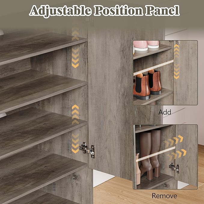 Shoe Cabinet Storage for Entryway with Doors, 5 Tier Fluted Shoe Organizer with Adjustable Shelves, Entryway Shoe Storage with Wooden Legs, Freestanding Hidden Shoe Rack for Front Door Entrance, Grey