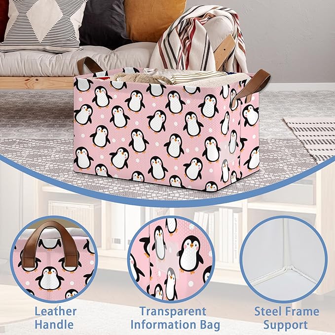 Cute Penguin Collapsible Storage Box,Organizer Bin with Handles for Room Decoration,Bins Book Basket Box 17x11.5x10Inch