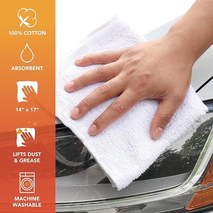Arkwright TT60 Terry Cloth Towels for Cleaning - (Case of 300) 100% Cotton Washable Heavy Duty Bar Mop, Absorbent & Quick Drying, Bag of Rags for Kitchen, Auto Shop, and Garage, 14 x 17 in, White