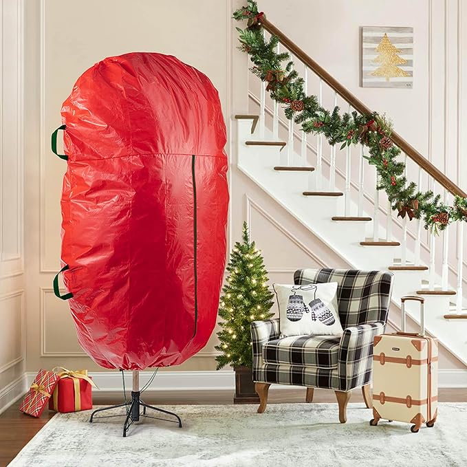 ZOBER Upright Christmas Tree Storage Bag With Drawstring Hem- Fits 7.5 Ft Trees - Plastic, Waterproof Christmas Tree Bag For Storage Box For Xmas - Strong, Durable Handles - Red