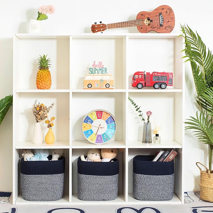 MINTWOOD Design 3-Pack 11x11in Woven Cube Storage Bin and Shelf Baskets, Cute Decorative Square Organizer for Closet, Classroom, Bathroom, Dog and Cat Toys, and Books, Navy Blue