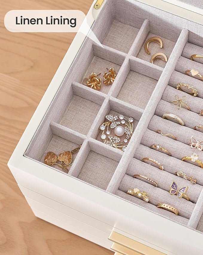 Lolalet Jewelry Box, Clear Window Wood Grain Jewelry Storage for Earrings Bracelets Necklaces Rings, High Capacity Organizer for Women -Beige, 4 Layers