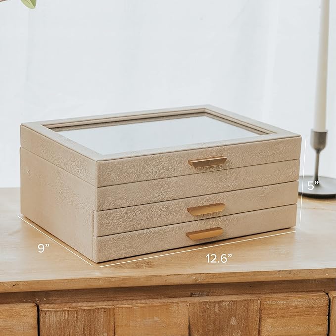CASE ELEGANCE Large 3 Tier Jewelry Box, Storage Case Organizer for Women Girls Wife, Glass Lid for Earrings Bracelets Rings Necklaces, Shagreen Vegan Leather, Velvet Lined Jewelry Box, Brass Hardware
