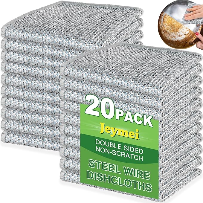 Jeymei 20pcs Non Scratch Wire Dishcloth Multipurpose Wire Dishwashing Rag for Wet and Dry,Metal Scrubbers for Cleaning Dishes,Dual-Sided Kitchen Cleaning Cloth with Mesh,Cleaning Tool for Pot, Blue