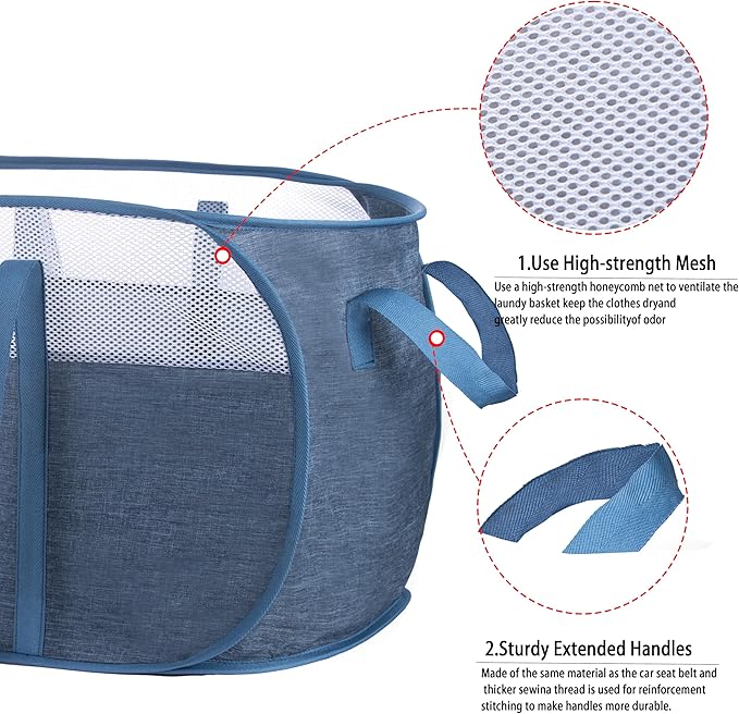 Pop Up Laundry Hamper，with Durable Handles collapsible laundry basket，Easy to Open and Fold for college Dorm,kids room，travel (black+blue)…