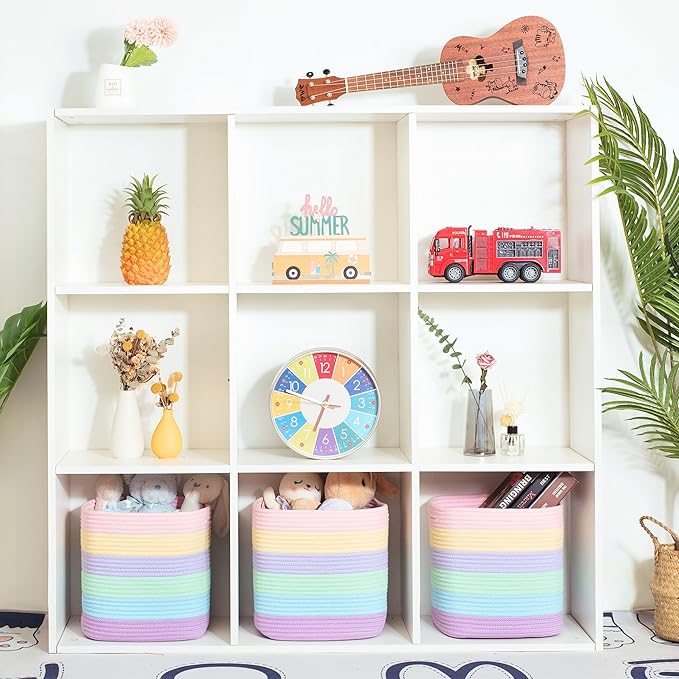 MINTWOOD Design 3-Pack 11x11in Woven Cube Storage Bin and Shelf Baskets, Cute Decorative Square Organizer for Closet, Classroom, Bathroom, Dog and Cat Toys, and Books, Pastel Rainbow