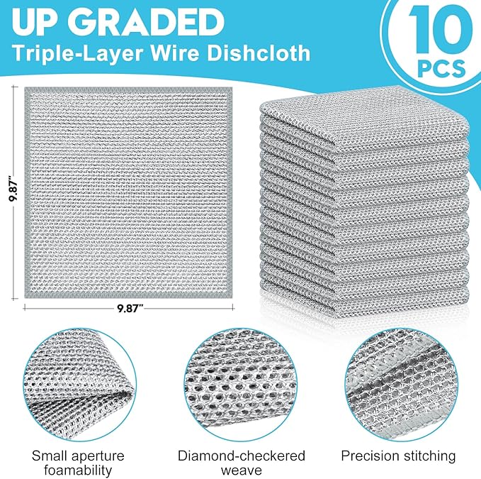 VMKBL 10 Pcs New Upgraded 3 Layers Non Scratch Wire Dishcloth, Multipurpose Wire Steel Wool Scrubber, Wet & Dry for Cookware, Sinks, Dishes, Stoves & Fireplaces 9.87“ x 9.87”