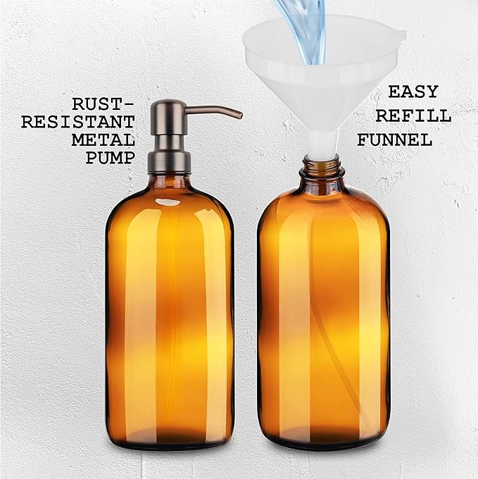 Kitchentoolz Large Pump Bottle - 32 Ounce Glass Shampoo and Soap Dispenser - Amber