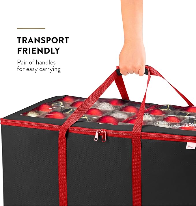 Premium Large Carrying Christmas Ornament storage Box with Clear Lid, 3" Compartment, Contains 10 Trays, Keeps 200 Holiday Ornaments & Xmas Accessories, Made Of Tear Proof Made Of 600D Oxford Fabric