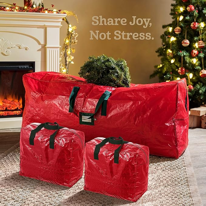 ZOBER Christmas Tree Storage Bag - With 2 Ornaments Accessories/Garland Bags - Fits 9 Ft Trees - Plastic, Waterproof Christmas Tree Bag For Storage Box For Xmas - Strong, Durable Handles - Red