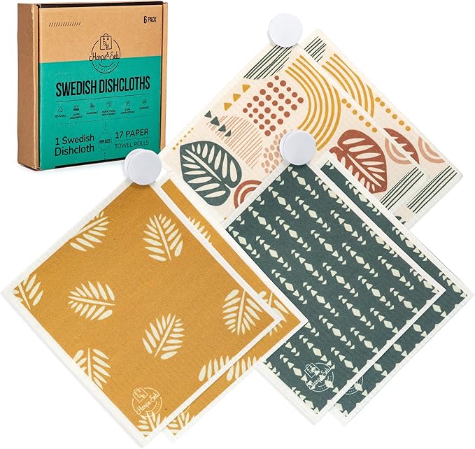 Harps&Seb Swedish Dishcloths for Kitchen Dishcloths - 6 Pack, Reusable Paper Towels with Clips, Super Absorbent Washable Non-Scratch Swedish Dish Towels, No Odor, Biodegradable